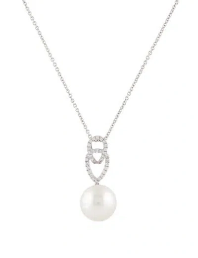 Pre-owned Pendant 18k Pearl & Diamond  Necklace, 15.75" In Multi