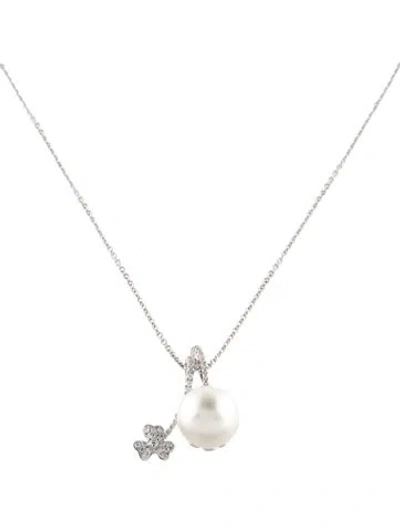 Pre-owned Pendant 18k Pearl & Diamond  Necklace, 16" In Multi
