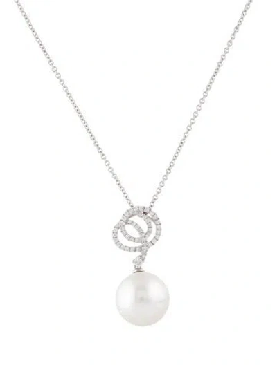 Pre-owned Pendant 18k Pearl & Diamond  Necklace, 16" In Multi