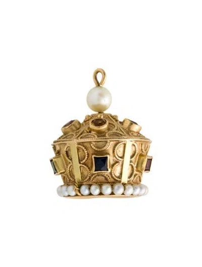 Pre-owned Pendant 18k Pearl & Multistone Crown , 1.25"