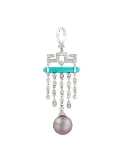 Pre-owned Pendant 18k Pearl, Turquoise & Diamond  In Multi