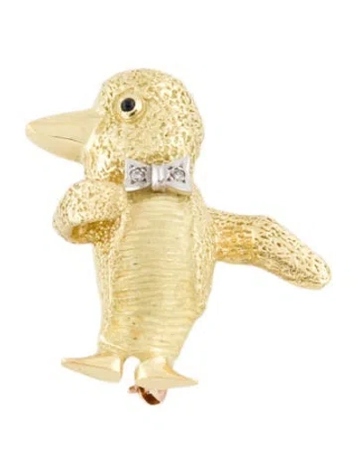 Pre-owned Pendant 18k Synthetic Sapphire & Diamond Penguin Brooche In Multi
