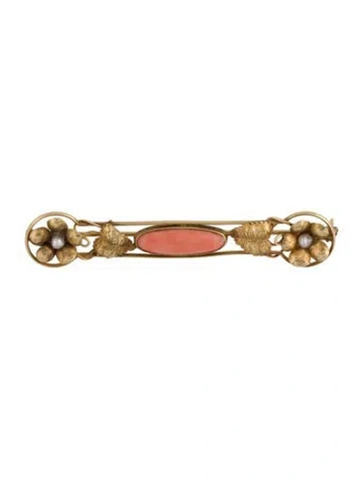 Pre-owned Pendant Antique 14k Coral & Pearl Bar Brooch In Multi