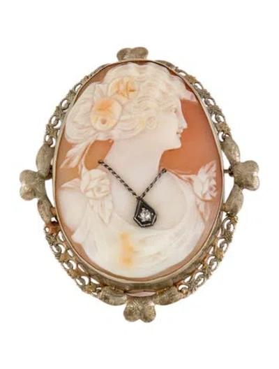 Pre-owned Pendant Antique 14k Diamond Cameo Brooch  In Multi
