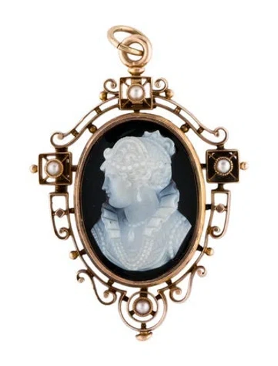 Pre-owned Pendant Antique 14k Pearl & Onyx Cameo  Brooch In Multi