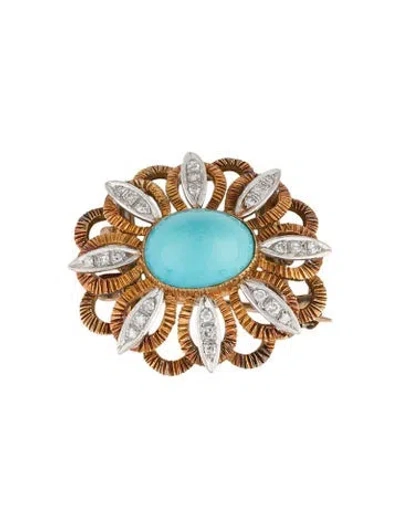 Pre-owned Pendant Antique 14k Turquoise & Diamond Flower Brooch In Multi