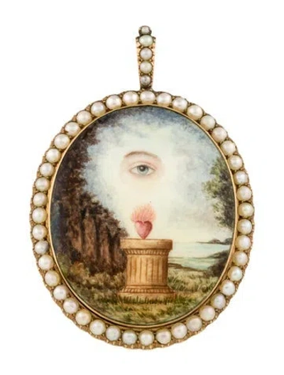 Pre-owned Pendant Antique 15k Pearl, Ceramic & Enamel Hand Painted  In White