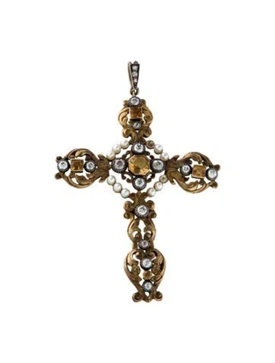 Pre-owned Pendant Antique 18k Citrine & Diamond Cross  In Multi
