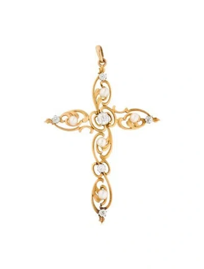 Pre-owned Pendant Antique 18k Pearl & Diamond Cross  In Multi