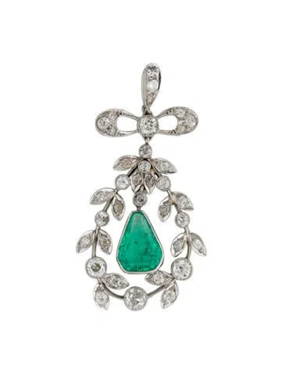 Pre-owned Pendant Antique Platinum 3.20ct Emerald & Diamond  In Multi