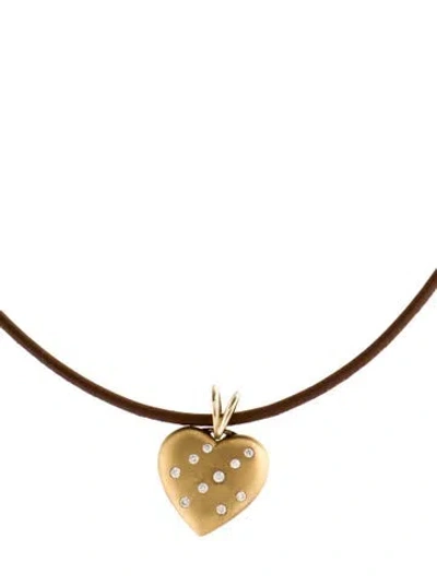 Pre-owned Pendant Leather & Diamond Heart  Necklace, 15" In Brown