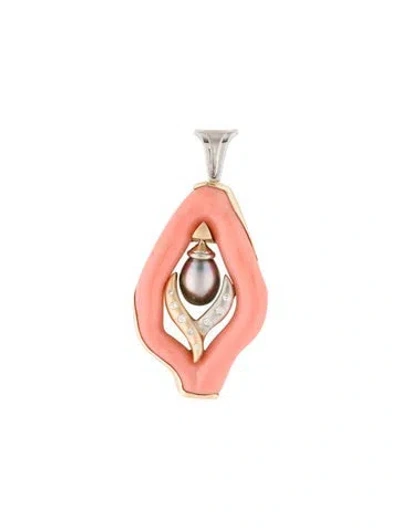Pre-owned Pendant Maui Divers 14k Coral & Pearl , 2.5" In Multi