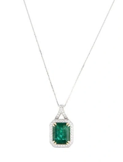 Pre-owned Pendant Modani Jewels Platinum Emerald & Diamond  Necklace, 18" In Multi