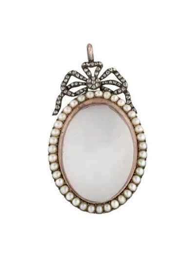 Pre-owned Pendant Pearl & Diamond Glass Locket  In Transparent