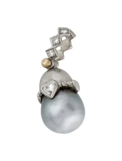 Pre-owned Pendant Pearl & Diamond Two-tone Drop , 1.25" In Multi