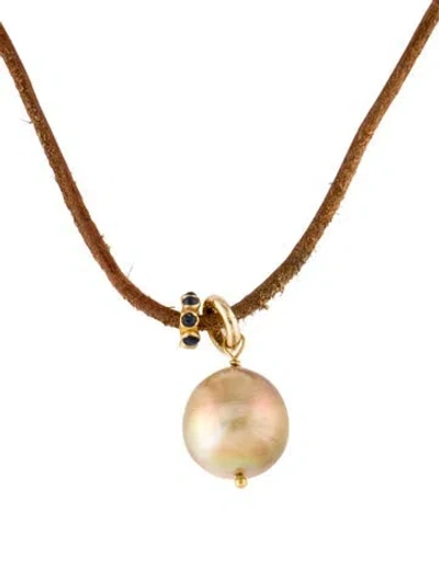 Pre-owned Pendant Pearl & Sapphire Leather Cord  Necklace, 24" In Multi