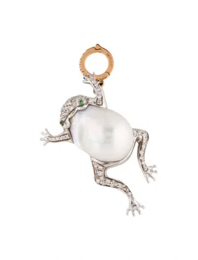 Pre-owned Pendant Pearl, Diamond & Tsavorite Garnet Frog , 2" In Multi
