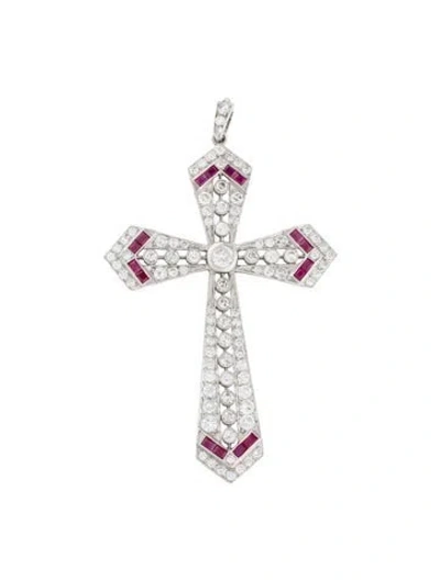 Pre-owned Pendant Platinum 3.23ctw Diamond And Ruby Cross  In Multi