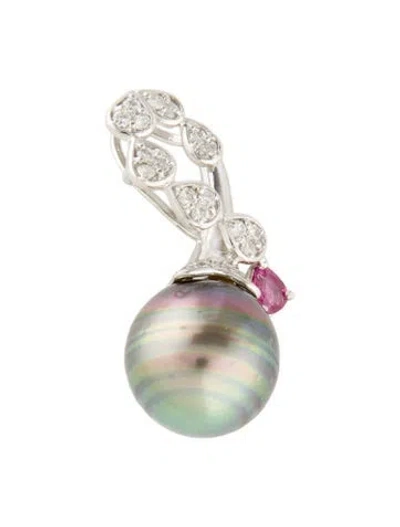 Pre-owned Pendant Platinum Pearl, Ruby & Diamond  In Multi