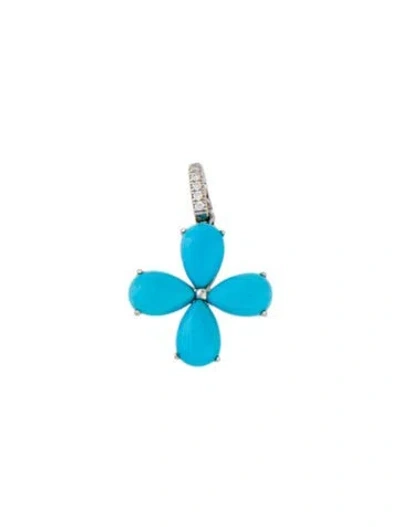 Pre-owned Pendant Platinum Turquoise & Diamond Flower  In Multi
