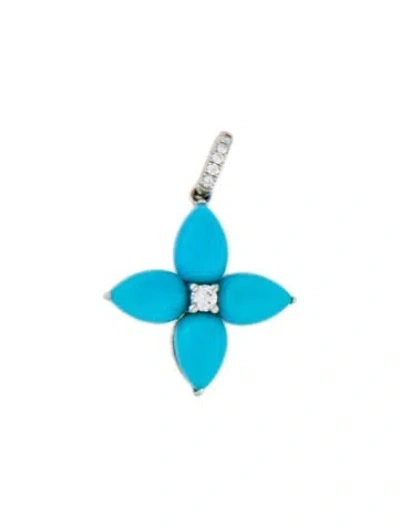 Pre-owned Pendant Platinum Turquoise, Sapphire & Diamond Flower , 0.75" In Multi