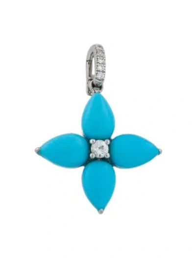 Pre-owned Pendant Platinum Turquoise, Sapphire & Diamond Flower  In Multi