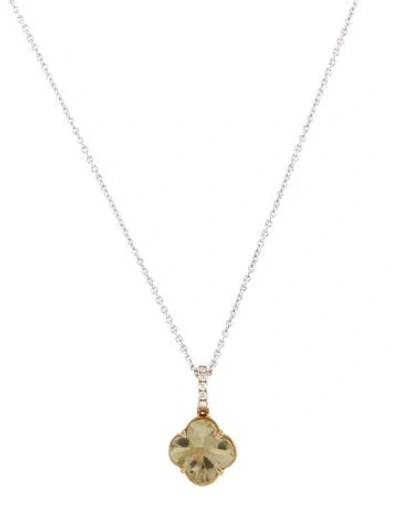 Pre-owned Pendant Two-tone Quartz & Diamond Clover  Necklace, 17" In Multi
