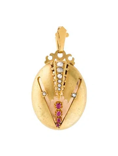 Pre-owned Pendant Victorian 12k Pearl & Ruby Locket  In Multi
