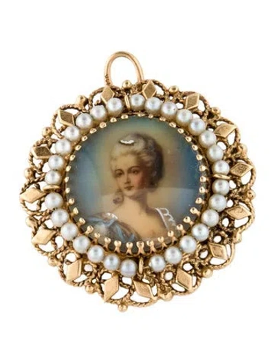 Pre-owned Pendant Vintage 14k Pearl & Glass Portrait  Brooch