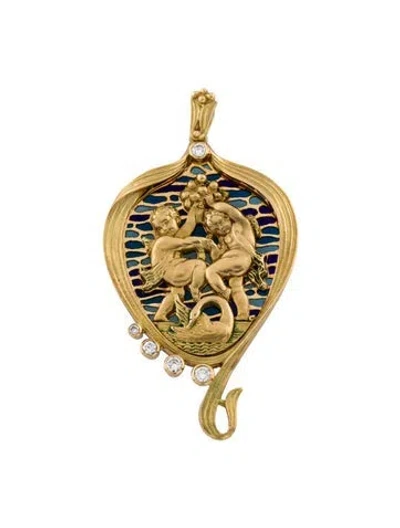 Pre-owned Pendant Vintage 18k Diamond Plique-a-jour Enamel Cherub  In Blue