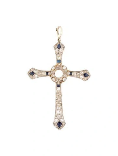 Pre-owned Pendant Vintage Platinum 1.63ctw Diamond, Synthetic Sapphire & Pearl Cross  In Multi