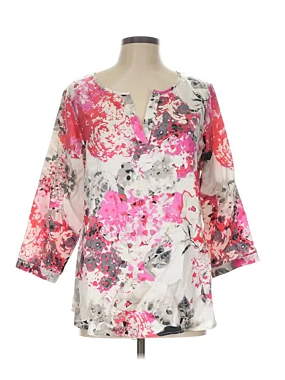Pre-owned Pendleton 3/4 Sleeve Silk Top Pink Floral Pattern Open Neckline Tops
