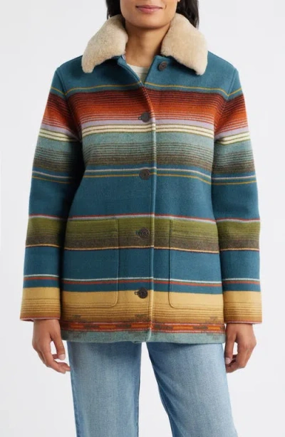 Pendleton Brownsville Virgin Wool & Cotton Coat With Genuine Shearling Collar In Multi