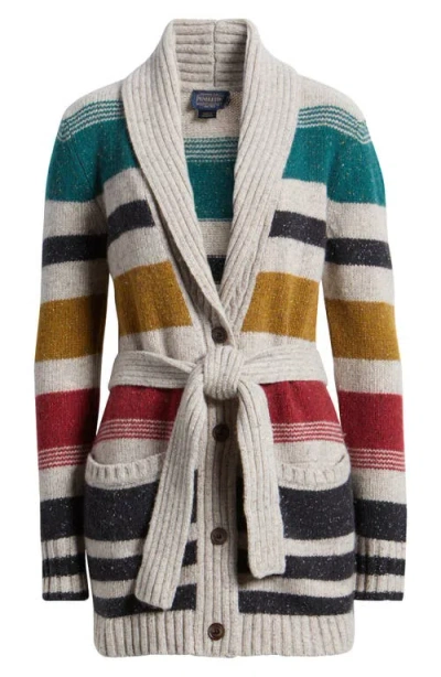 Pendleton Camp Stripe Lambswool Blend Wrap Cardigan In Ivory Multi Stripe