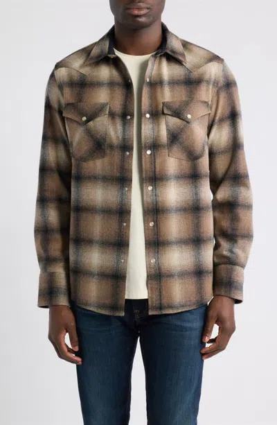 Pendleton Canyon Plaid Wool Snap-up Shirt In Tan/taupe Ombre