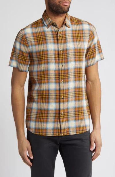 Pendleton Dawson Plaid Short Sleeve Linen Blend Button-up Shirt In Adobe,tan,blue Plaid