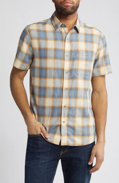 Pendleton Dawson Plaid Short Sleeve Linen Blend Button-up Shirt In Tan/ Indigo Plaid