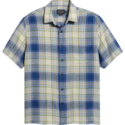 Pendleton Dawson Plaid Short Sleeve Linen Blend Button-up Shirt In Blue