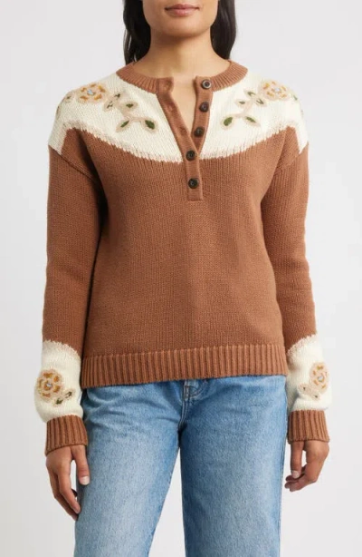 Pendleton Floral Accent Cotton & Merino Wool Henley Sweater In Brown