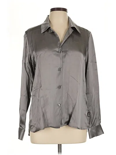 Pre-owned Pendleton Long Sleeve Silk Top Silver Metallic Pattern Collared Neckline Tops