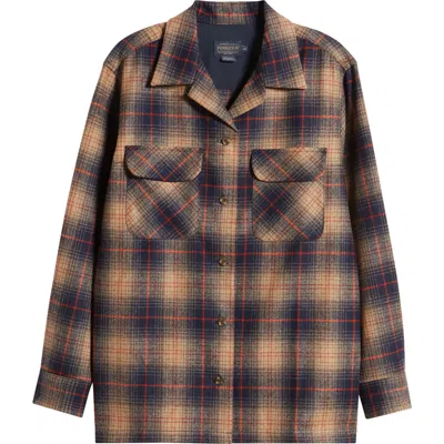 Pendleton Plaid Wool Overshirt In Brown/ Navy/ Red Plaid