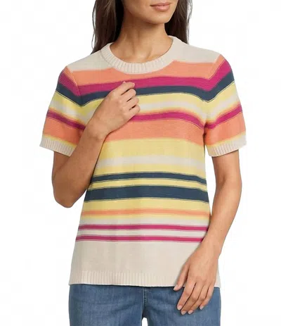 Pendleton Ribbed Knit Textured Stripe Crew Neck Short Sleeve Top In Pink/ecru/multi