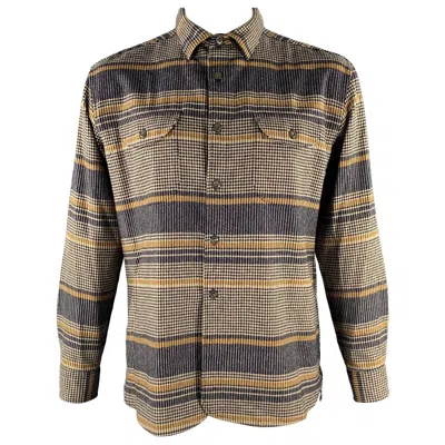 Pre-owned Pendleton Size L Navy Tan Houndstooth Stripe Wool Long Sleeve Shirt In Blue