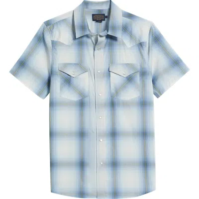 Pendleton The Bishop Plaid Short Sleeve Snap-up Shirt In Light Blue Ombre