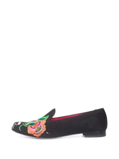 Pre-owned Penelope Chilvers Floral-embroidered Loafers In Black