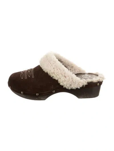 Pre-owned Penelope Chilvers Suede Graphic Print Mules In Brown/neutrals
