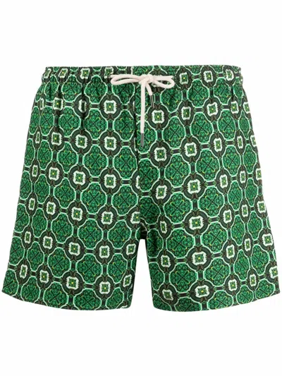 Peninsula Swimwear Geometric-print Drawstring-waist Swim Shorts In Green