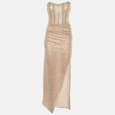Pre-owned Penna Atelier Penna Beige Bead Embellished Sequins Ruched Slit Maxi Dress S In Sand