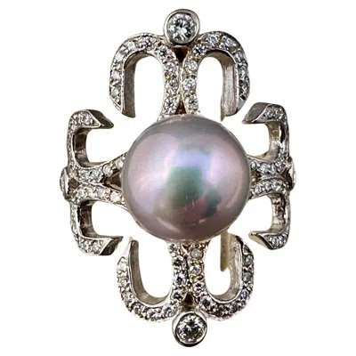 Pre-owned Penny Preville Jewelry Design Diamond 18k W.g. Ring With South Sea Pearl In Multi