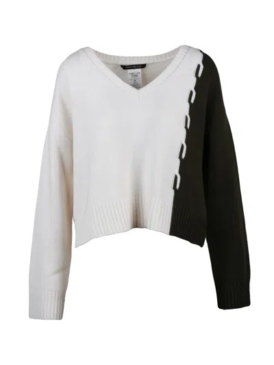 Pennyblack Cropped V-neck Wool Sweater With Color-block Design In White